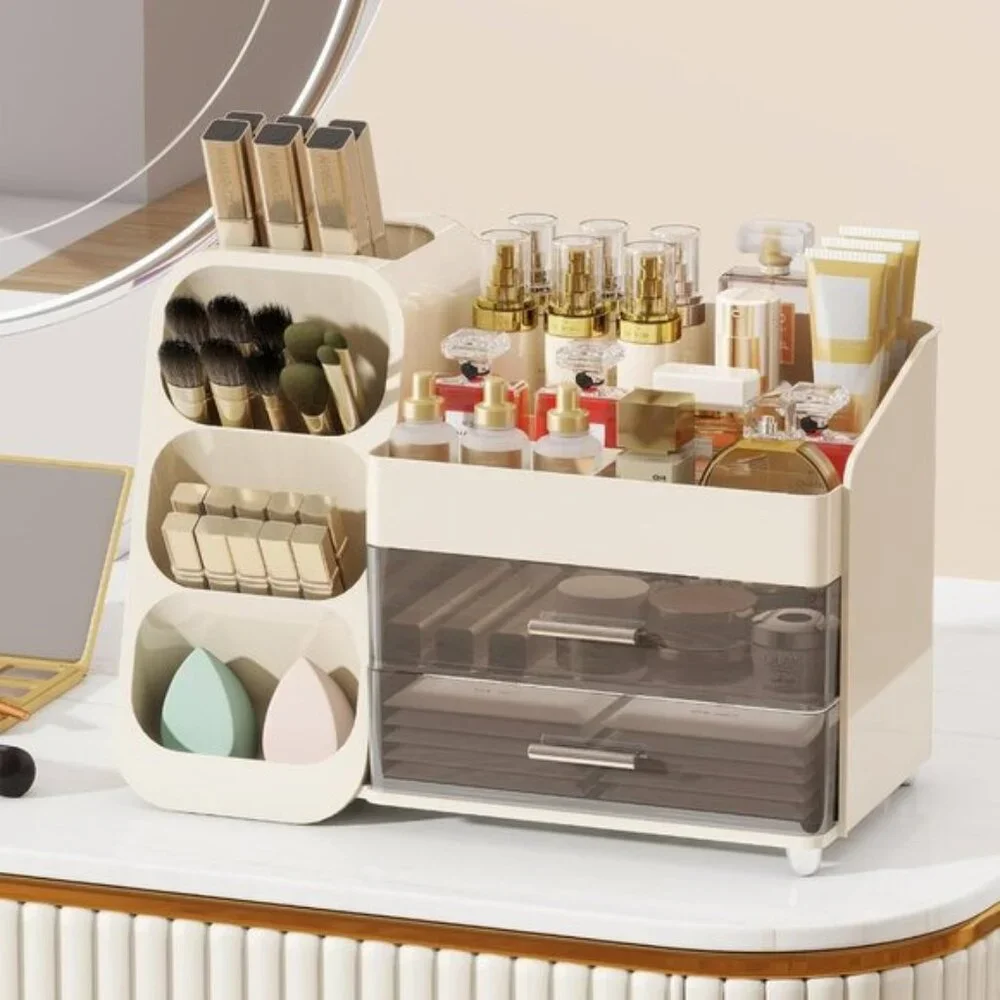 New Large Makeup Organizer, Cream Vanity Storage with Drawers & Brush Holder